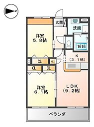 フォルビート田寺東 2LDKの間取図画像