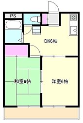 JR青梅線 小作駅 徒歩5分の賃貸マンション 3階2DKの間取り