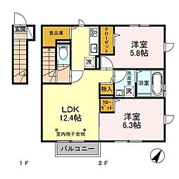 JR青梅線 小作駅 徒歩8分の賃貸アパート 2階2LDKの間取り