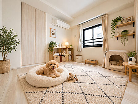 ドッグベッドやペット用品を配置し、愛犬専用のお部屋としてコーディネートしました。※画像はCG加工によるイメージです。