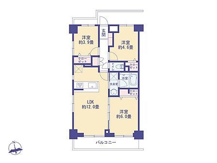 LDK約12.0帖を備えた3LDKの間取り。各居室に収納がある機能的で暮らしやすいレイアウト。