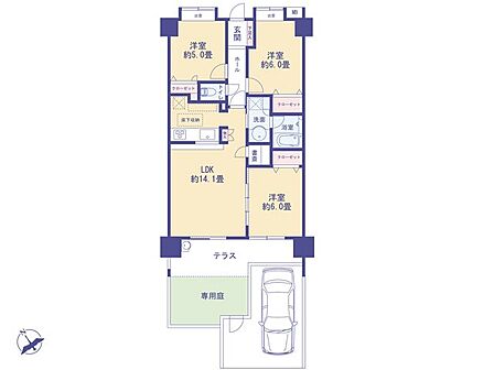 専用庭・テラス・駐車場付き。テレワークに最適な書斎や床下収納を備えた広々LDK14.1帖の3LDK。