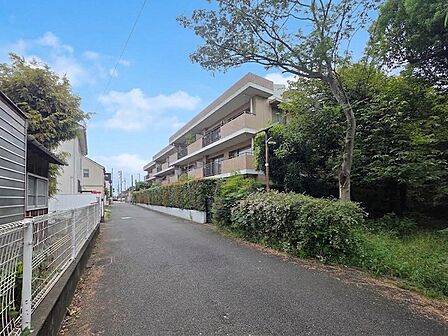 建物沿いの道路は交通量が抑えられた落ち着いた雰囲気で、周囲には豊かな植栽や樹木が広がっています。低層の建物と緑が調和し、住宅街ならではの穏やかさを感じられる住環境が形成されています。