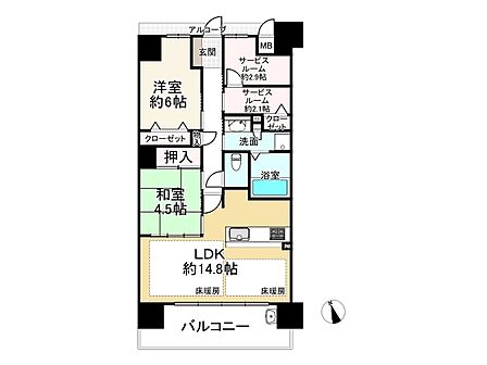 リビングダイニングに床暖房付/南西向きバルコニー