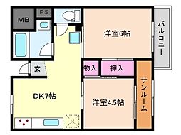 エスペランサ魚崎西棟 2DKの間取図画像