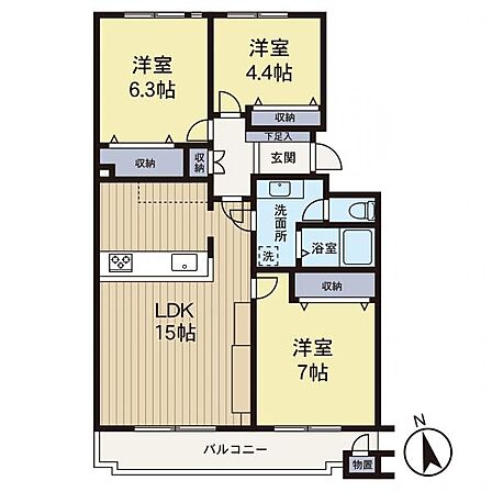 【間取り】南側にリビングと洋室が配置された明るい間取りです。