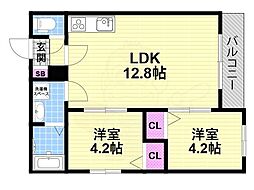TIO四條畷 2LDKの間取図画像