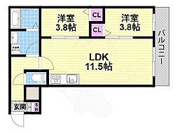 TIO四條畷 2LDKの間取図画像