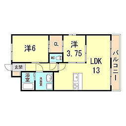 リバレイン 3階2LDKの間取り