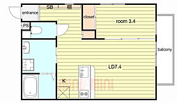 Glicina東園田lindo(グリシーナ東園田リンド) 102 1階1LDKの間取り