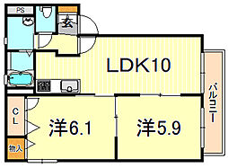 アメニティ大原東館 2LDKの間取図画像