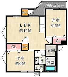 大屋町ハイツ 2LDKの間取図画像