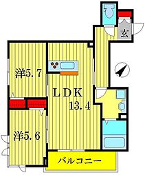 フォレットおおたか 2階2LDKの間取り