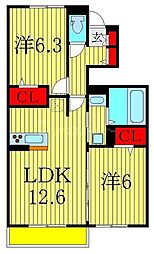 プリムヴェール 1階2LDKの間取り