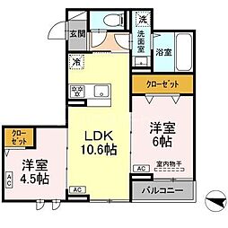 セレスティア西綾瀬 2階2LDKの間取り