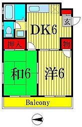クロスコーポII 1階2DKの間取り