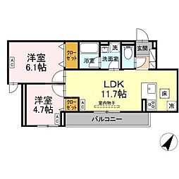 セレスティア細田C 2LDKの間取図画像