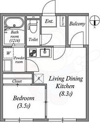 ハーモニーテラス太秦一ノ井町 2階1DKの間取り