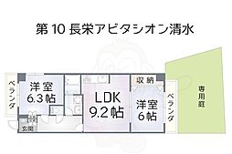 第10長栄 アビタシオン清水 1階2LDKの間取り