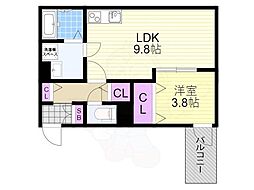 クレール塚本 1LDKの間取図画像