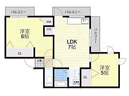 センターヒル千舟 2DKの間取図画像