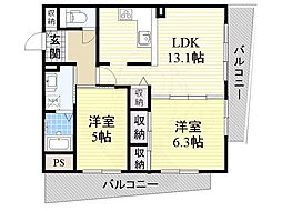 キャニスコート上新庄 2LDKの間取図画像