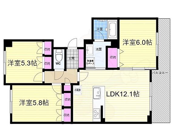 パインフィールド洛西 306｜京都府京都市右京区西院四条畑町(賃貸マンション3LDK・3階・65.39㎡)の写真 その2