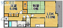 淀川パストラルコート 2LDKの間取図画像