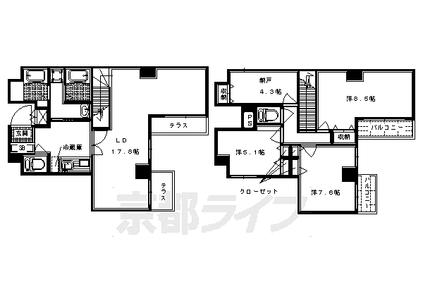 京都府京都市下京区麩屋町通松原下る下鱗形町(賃貸マンション4SLDK・1階・103.58㎡)の写真 その2