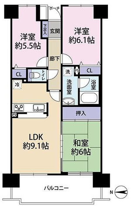全居室収納付きの使い勝手の良い3LDK間取り図