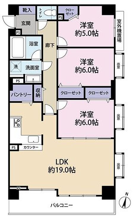 最上階東南角住戸の広々3LDK