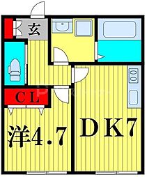 東武野田線 新柏駅 徒歩4分の賃貸アパート 2階1DKの間取り