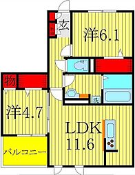 つくばエクスプレス 流山おおたかの森駅 徒歩8分の賃貸アパート 2階2LDKの間取り