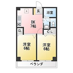 沼袋ニューパールハイツ 2DKの間取図画像