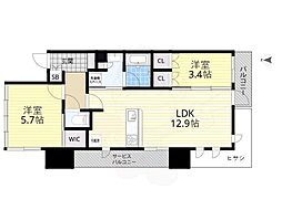 Osaka Metro谷町線 都島駅 徒歩1分の賃貸マンション 9階2LDKの間取り