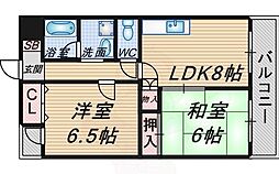 阪急宝塚本線 服部天神駅 徒歩27分の賃貸マンション 4階2DKの間取り