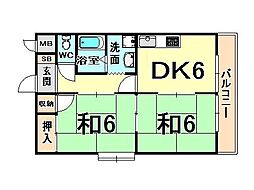 阪急神戸本線 塚口駅 徒歩10分の賃貸マンション 3階2DKの間取り