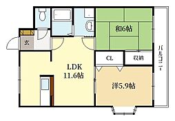 冨岡ハイツ 2LDKの間取図画像