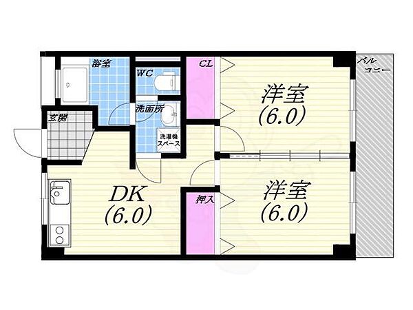 兵庫県西宮市北名次町(賃貸マンション2DK・3階・45.00㎡)の写真 その2