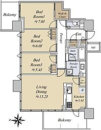シティタワー東梅田パークフロント 20階3LDKの間取り
