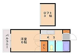 シティハウス名子 2階1Kの間取り
