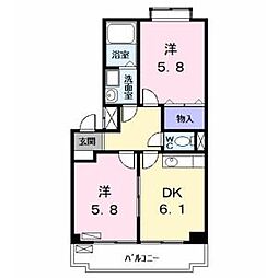 サンリバーウエスト 2階2DKの間取り