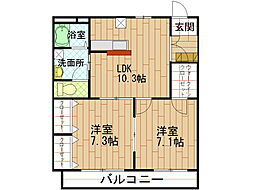 パークヒルズ玉川B 2LDKの間取図画像