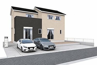 外観:建物完成予想図/ZEH水準を超える断熱等級6の家。車2台並列駐車可。 外観:建物完成予想図/ZEH水準を超える断熱等級6の家。車2台並列駐車可。