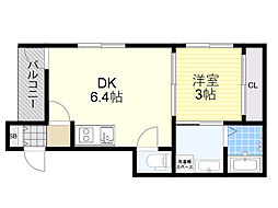 シャトーT2 2階1DKの間取り