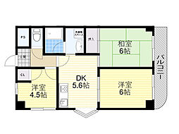 サニーサイド豊中 3DKの間取図画像