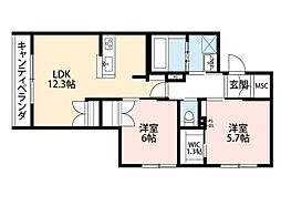 Grace court東棟 2階2LDKの間取り