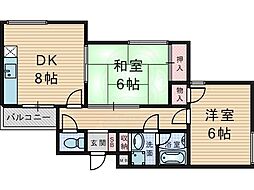カルチェ・ダムールDブロック 2DKの間取図画像