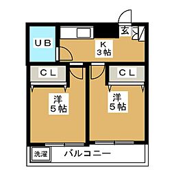 東急世田谷線 世田谷駅 徒歩3分の賃貸マンション 2階2Kの間取り