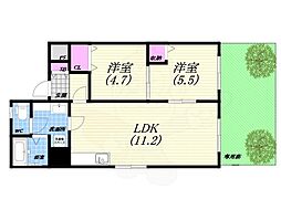 北夙川ハイツ 2LDKの間取図画像